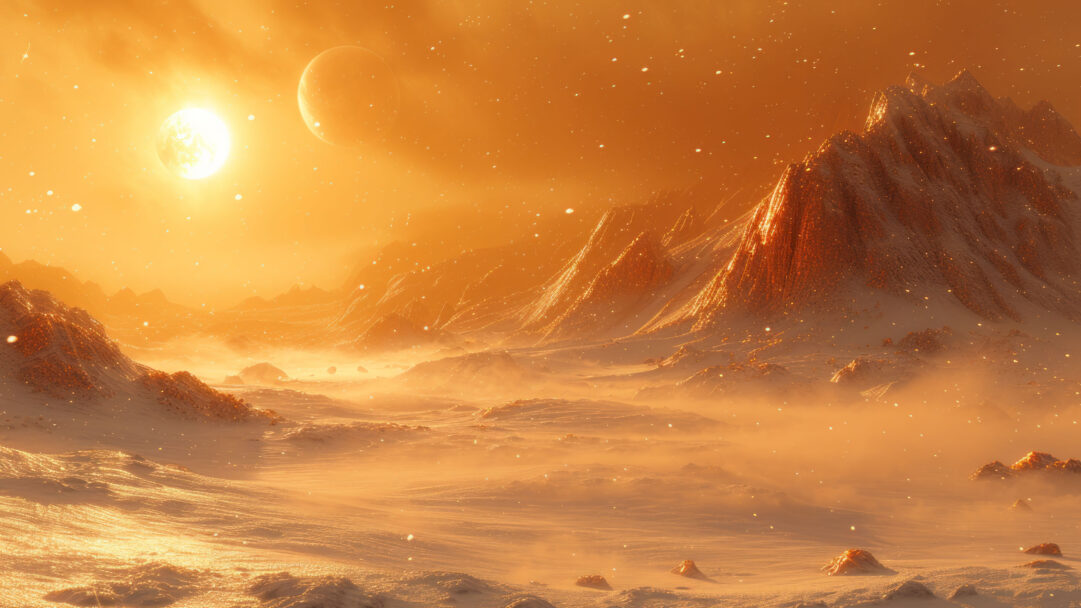 Immerse yourself in the surreal beauty of this AI-generated 4K wallpaper featuring an orange alien landscape. Perfect for high-resolution displays, the digital art composition creates a futuristic and visually captivating atmosphere, transporting you to an extraordinary world on your screen.