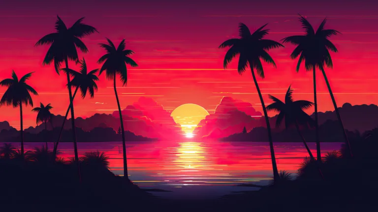 A mesmerizing 4K wallpaper captures the tranquility of dusk with palm silhouettes against a breathtaking sunset sky in this AI-generated masterpiece. The warm hues and delicate shadows create a serene tropical atmosphere, making it an ideal choice for elevating your desktop or mobile background with artistic flair.