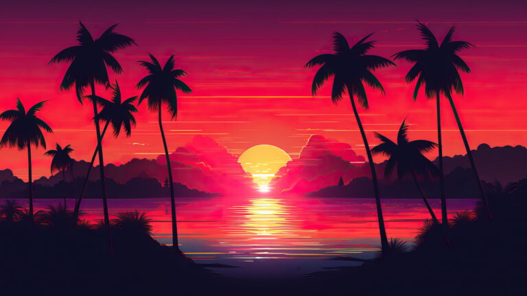 A mesmerizing 4K wallpaper captures the tranquility of dusk with palm silhouettes against a breathtaking sunset sky in this AI-generated masterpiece. The warm hues and delicate shadows create a serene tropical atmosphere, making it an ideal choice for elevating your desktop or mobile background with artistic flair.
