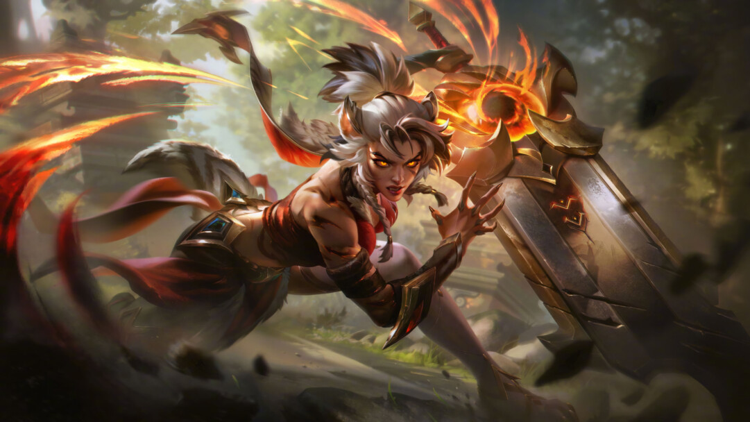 A mesmerizing 4K wallpaper presenting the ferocious Primal Ambush Riven skin in League of Legends. Riven, the blade-wielding exile, stands poised in a dynamic and primal pose, surrounded by an ancient and untamed environment.