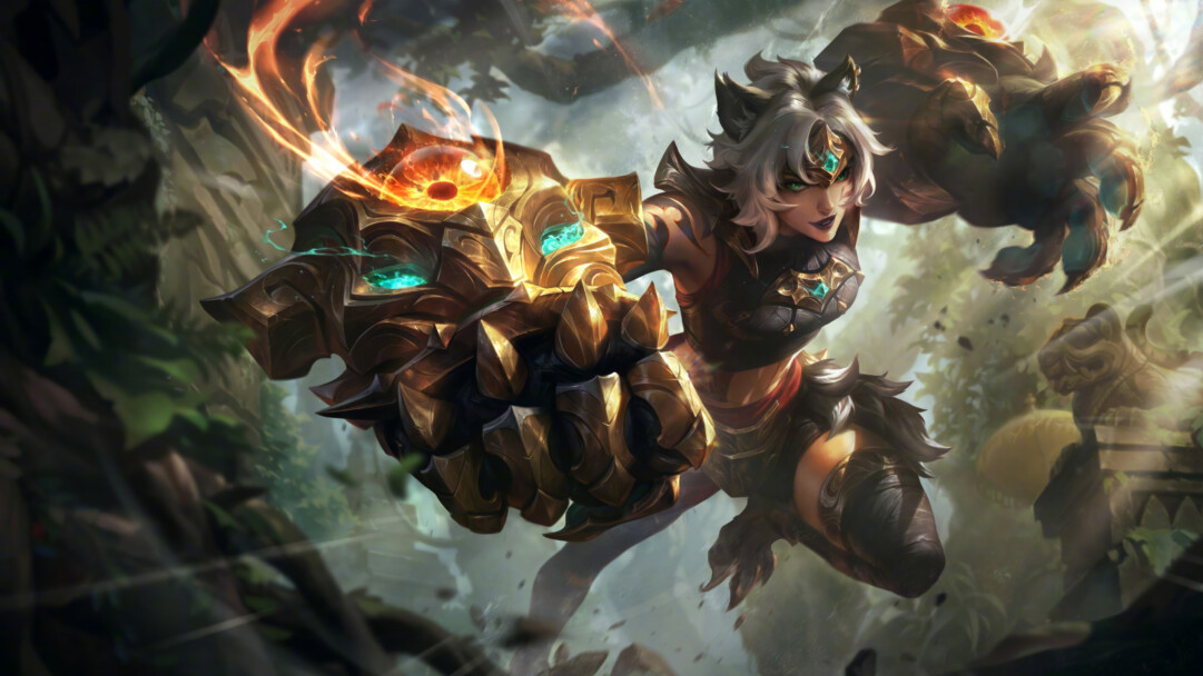A dynamic 4K wallpaper featuring the ferocious Primal Ambush Vi skin in the expansive world of League of Legends. Vi, the unstoppable enforcer, takes center stage in a striking pose, adorned with primal elements and ready for battle within the vibrant and thrilling landscape of the game.