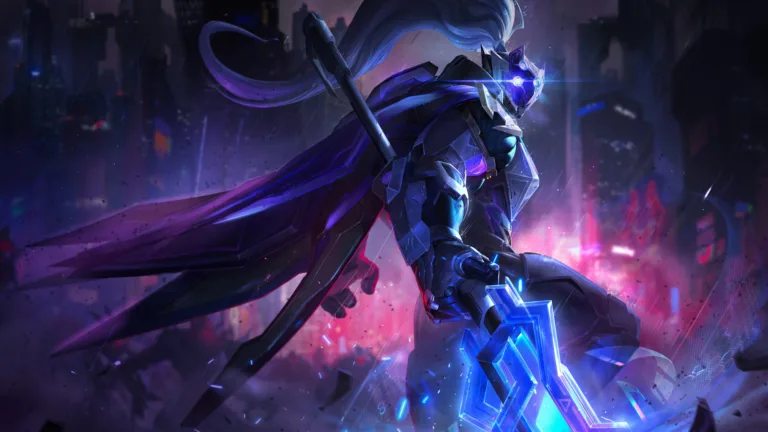 A mesmerizing 4K wallpaper showcasing the futuristic prowess of the Project Jax skin in League of Legends. Jax, the Grandmaster at Arms, stands in a powerful stance, adorned in high-tech armor and wielding a glowing energy weapon, evoking the essence of a cybernetic warrior within the dynamic world of League of Legends.