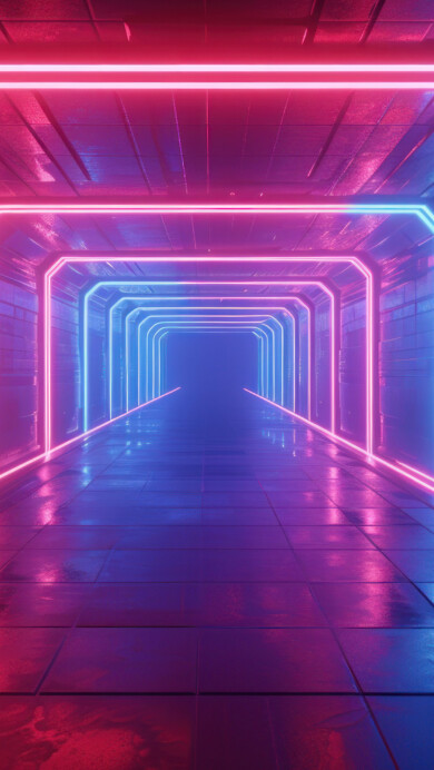 Immerse yourself in the dynamic ambiance of this AI-generated 4K wallpaper, featuring a mesmerizing red and blue neon light corridor. Perfect for high-resolution displays, the digital art composition evokes a futuristic and vibrant atmosphere, creating a visually captivating experience for your screen.