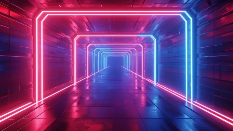 Immerse yourself in the dynamic ambiance of this AI-generated 4K wallpaper, featuring a mesmerizing red and blue neon light corridor. Perfect for high-resolution displays, the digital art composition evokes a futuristic and vibrant atmosphere, creating a visually captivating experience for your screen.