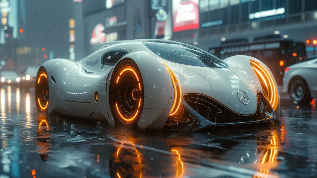Step into the future with this AI-generated 4K wallpaper featuring a sci-fi Mercedes car navigating the rain-soaked streets. Although not a direct representation, the digital art composition captures the essence of futuristic design and the allure of a high-performance Mercedes, creating a visually captivating experience for high-resolution displays.