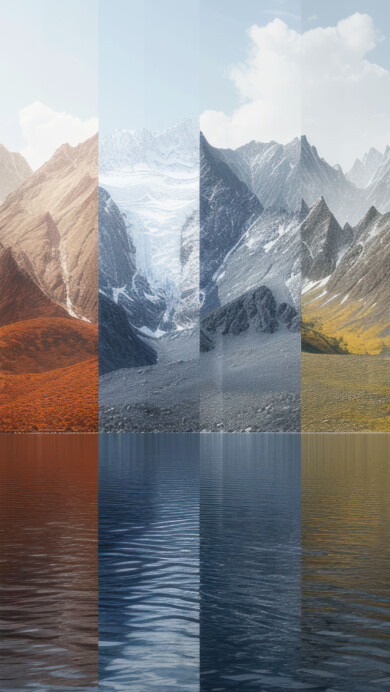 Immerse yourself in the beauty of changing seasons with this AI-generated 4K wallpaper featuring a segmented mountain lake. Although not a direct representation, the digital art composition captures the essence of nature's transformations, creating a visually captivating experience for high-resolution displays.