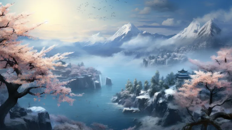 Immerse yourself in the tranquility of winter with this AI-generated 4K wallpaper showcasing a serene Japanese painting. Perfect for high-resolution displays, the digital art composition captures the peaceful beauty of a winter landscape, creating a visually captivating and tranquil experience for your screen.