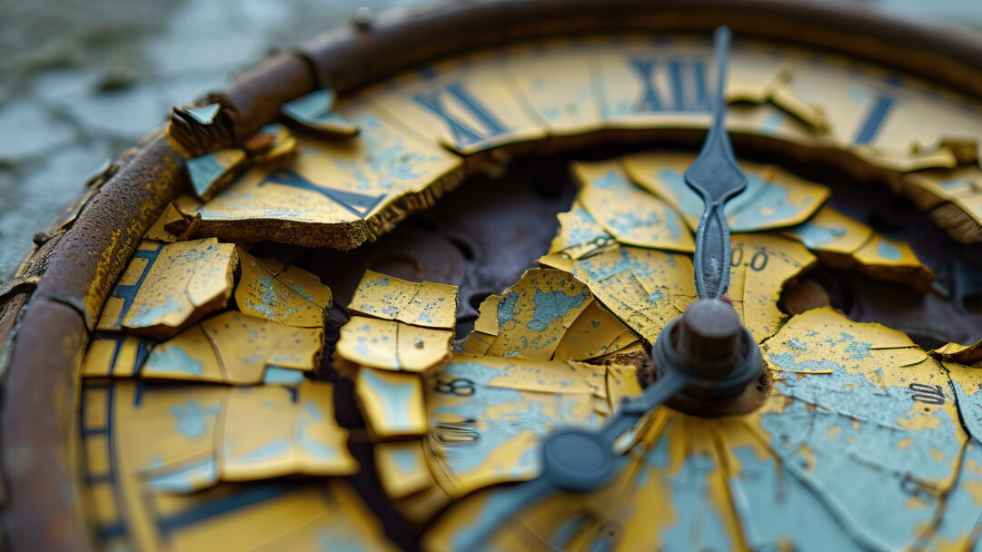 A mesmerizing 4K wallpaper featuring an AI-generated shattered clock dial, where fractured elements of time create a visually stunning and abstract composition.