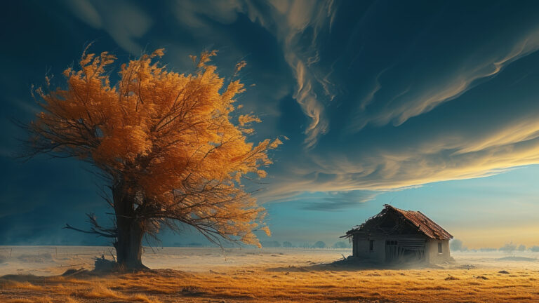 Experience the power of nature with this AI-generated 4K wallpaper featuring a small house bravely facing a tempest. Although not a direct representation, the digital art composition captures the drama and intensity of a storm, creating a visually captivating experience for high-resolution displays.