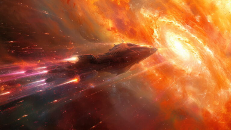 A mesmerizing 4K wallpaper features an AI-generated depiction of a futuristic spaceship navigating through a cosmic vortex. The intricate blend of colors and shapes creates a captivating visual experience, making it an ideal choice for your desktop or mobile wallpaper.