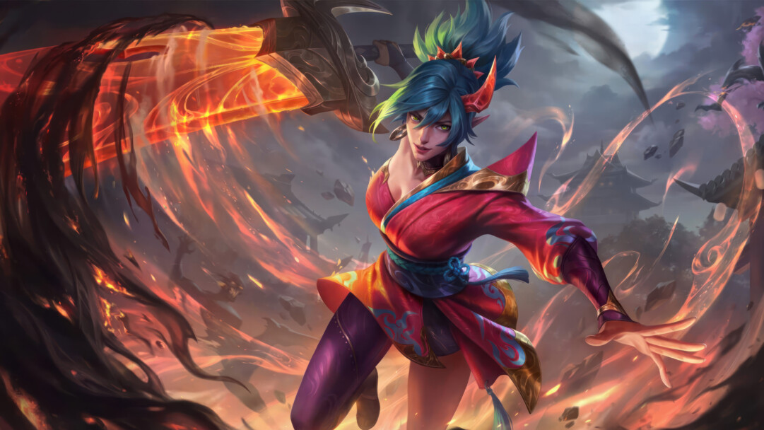 A mesmerizing 4K wallpaper showcasing the elegance of the Spirit Blossom Riven Ruby Chroma skin in League of Legends. Riven, the fearless blade master, stands amidst a serene and ethereal cherry blossom landscape, radiating a captivating glow with the distinctive red hues of the Ruby Chroma.