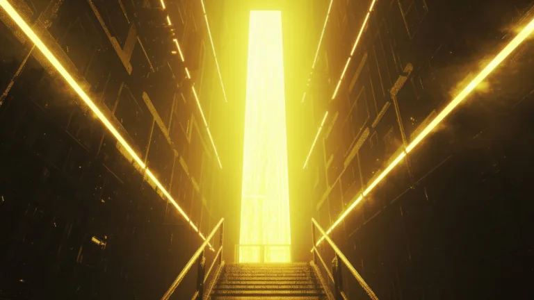 Elevate your visual experience with this AI-generated 4K wallpaper featuring a captivating scene of stairs leading to a tall yellow entryway. Perfect for high-resolution displays, the digital art composition adds an architectural flair, creating a visually striking and immersive atmosphere for your screen.