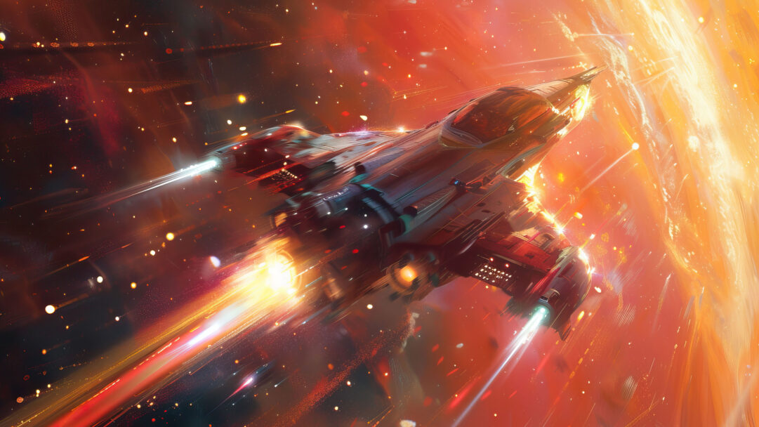 A mesmerizing 4K wallpaper presents a thrilling starship adventure through the cosmos, crafted through AI generation. The artwork features a futuristic starship navigating the vastness of space, surrounded by cosmic wonders. Ideal for desktop or mobile use, this high-resolution masterpiece brings the allure of space exploration to your screen.