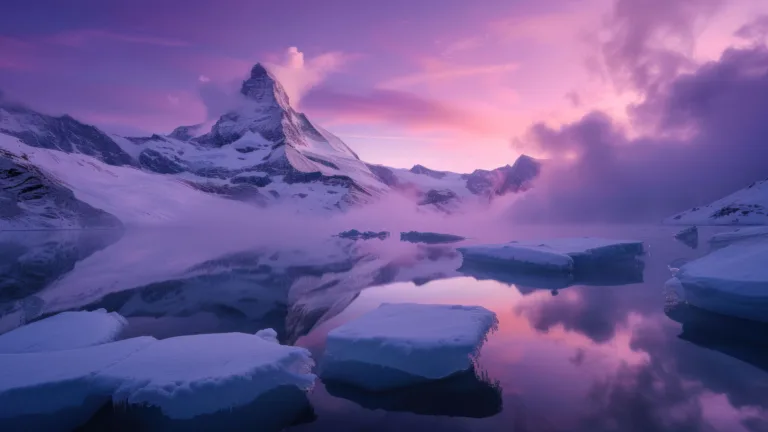 Immerse yourself in the tranquil beauty of this AI-generated 4K wallpaper, capturing the essence of a sunset over frozen floating ice. Perfect for high-resolution displays, the digital art composition creates a serene and visually captivating atmosphere, offering a moment of peace and wonder on your screen.