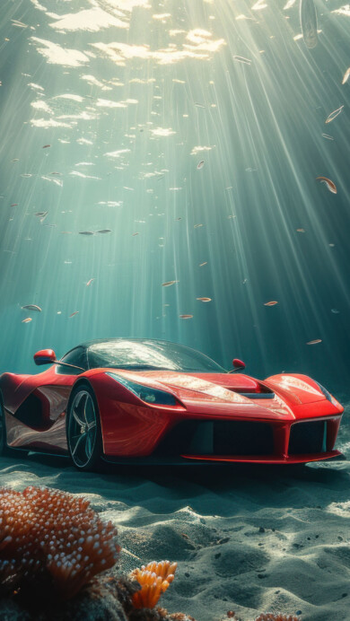 Immerse yourself in a captivating aquatic world with this AI-generated 4K wallpaper featuring a sleek Ferrari gracefully navigating underwater. Although not a direct representation, the digital art composition captures the elegance and luxury of a submerged Ferrari, creating a visually captivating experience for high-resolution displays.