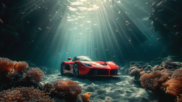 Immerse yourself in a captivating aquatic world with this AI-generated 4K wallpaper featuring a sleek Ferrari gracefully navigating underwater. Although not a direct representation, the digital art composition captures the elegance and luxury of a submerged Ferrari, creating a visually captivating experience for high-resolution displays.