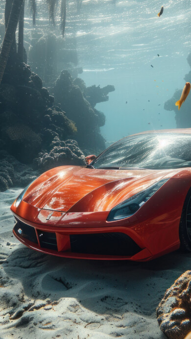 Dive into a world of automotive brilliance with this AI-generated 4K wallpaper featuring an eye-catching orange Ferrari gracefully navigating underwater. Although not a direct representation, the digital art composition captures the essence of luxury and performance, creating a visually captivating experience for high-resolution displays.