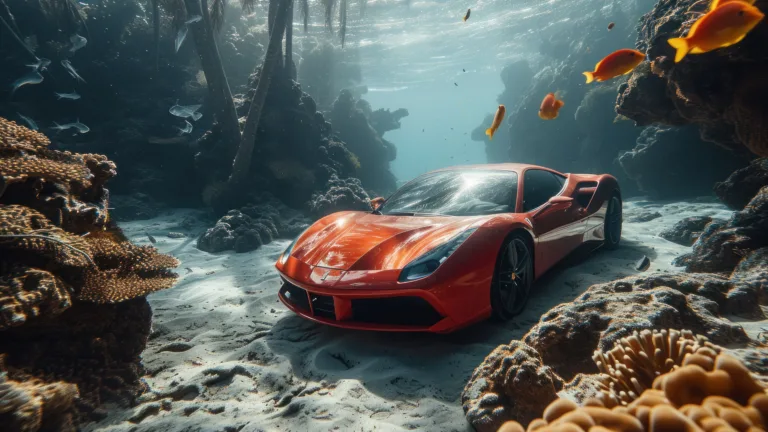 Dive into a world of automotive brilliance with this AI-generated 4K wallpaper featuring an eye-catching orange Ferrari gracefully navigating underwater. Although not a direct representation, the digital art composition captures the essence of luxury and performance, creating a visually captivating experience for high-resolution displays.