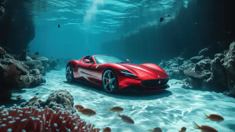 Immerse yourself in a world of automotive elegance with this AI-generated 4K wallpaper featuring a stunning red Ferrari gracefully navigating underwater. Although not a direct representation, the digital art composition captures the essence of luxury and performance, creating a visually captivating experience for high-resolution displays.