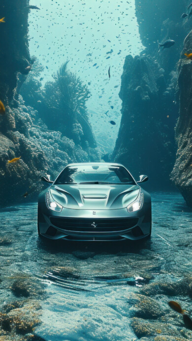 Dive into the depths with this AI-generated 4K wallpaper featuring a surreal scene of a silver Ferrari gracefully navigating underwater. Although not a direct representation, the digital art composition captures the elegance and luxury of a submerged Ferrari, creating a visually captivating experience for high-resolution displays.