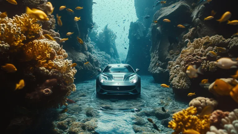 Dive into the depths with this AI-generated 4K wallpaper featuring a surreal scene of a silver Ferrari gracefully navigating underwater. Although not a direct representation, the digital art composition captures the elegance and luxury of a submerged Ferrari, creating a visually captivating experience for high-resolution displays.