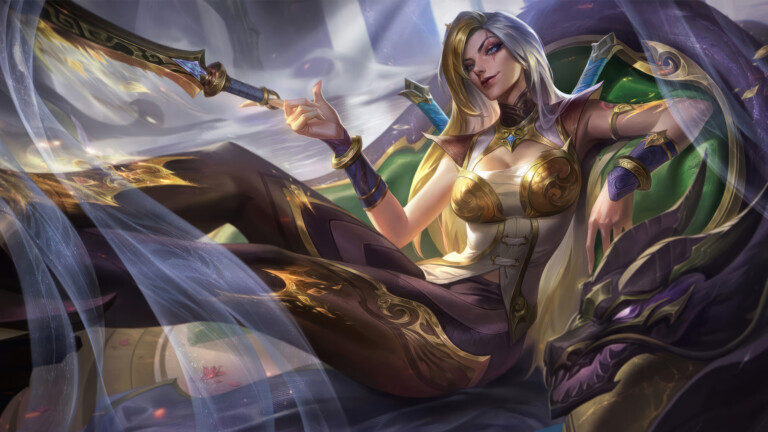 A mesmerizing 4K wallpaper featuring the regal Warring Kingdoms Katarina Golden Chroma skin in League of Legends. Katarina, the Sinister Blade, commands attention in a poised stance, adorned in golden armor and exuding an aura of martial prowess within the rich and vibrant world of League of Legends.