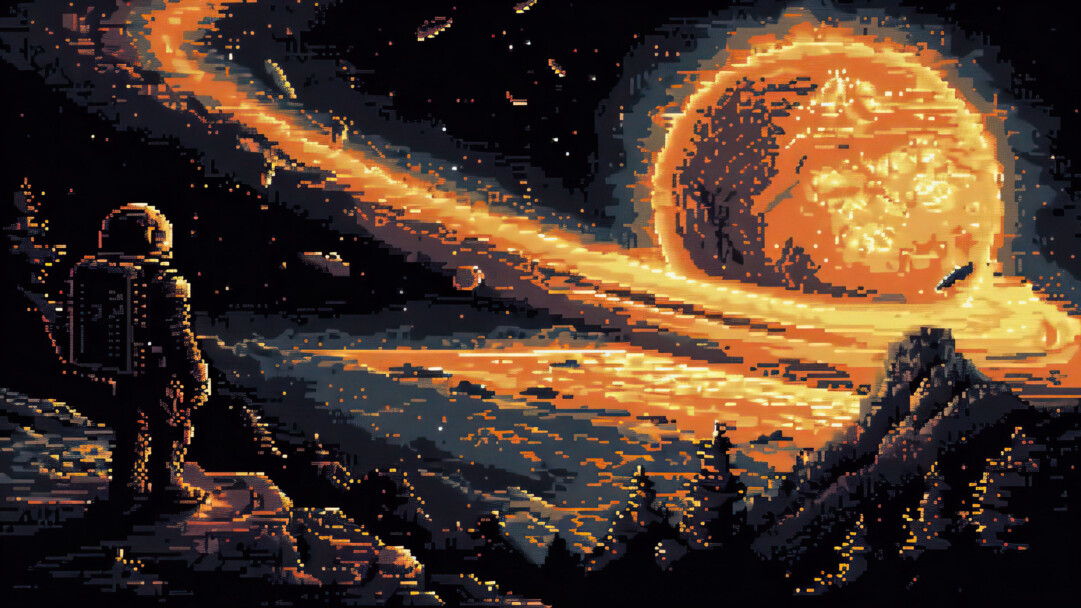 A mesmerizing 4K PC wallpaper capturing the awe-inspiring scene of an astronaut gazing at a fiery planet in the vastness of space.