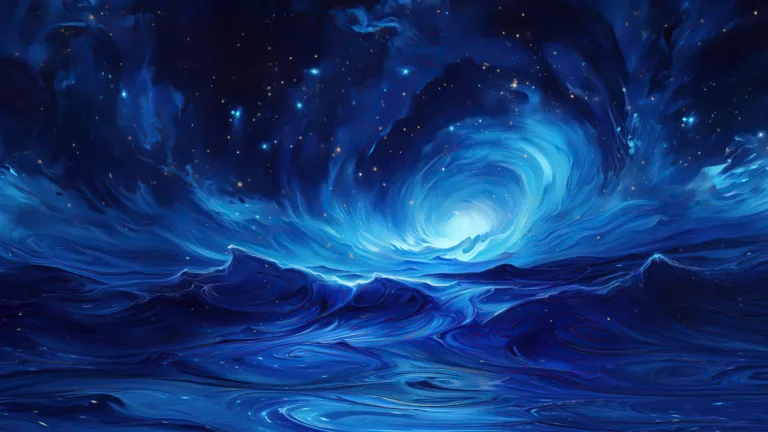 A mesmerizing 4K wallpaper captures the essence of celestial beauty with vibrant blue hues swirling in wave-like patterns reminiscent of galaxies in deep space. This captivating digital artwork evokes a sense of wonder and awe as it depicts cosmic waves amidst a star-studded galaxy, making it an ideal choice to adorn your desktop or mobile screen.