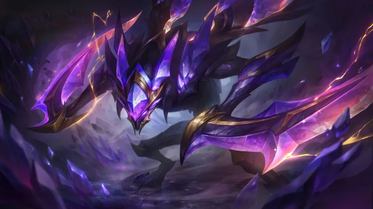 A stunning 4K wallpaper featuring the Crystalis Indomitus Kha'zix skin from League of Legends. This high-resolution digital artwork showcases the predatory evolution of the legendary creature, Kha'zix, in intricate detail. Ideal for gaming enthusiasts, this wallpaper brings the ferocity of the champion to life on your desktop or mobile screen.