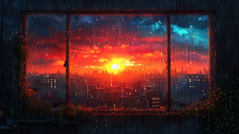 A breathtaking 4K PC wallpaper captures the essence of a dramatic city sunset, painting the urban skyline in warm hues of orange and gold against a twilight sky. The silhouette of the cityscape stands against the radiant glow of the setting sun, creating a captivating scene perfect for adorning your desktop background.