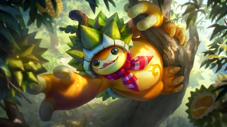 A mesmerizing 4K wallpaper showcasing the formidable Durian Defender Rammus skin from League of Legends. Rammus, the Armordillo, stands resilient amidst a tropical paradise, clad in his unique durian armor, ready to defend with prickly determination in the vibrant world of League of Legends.