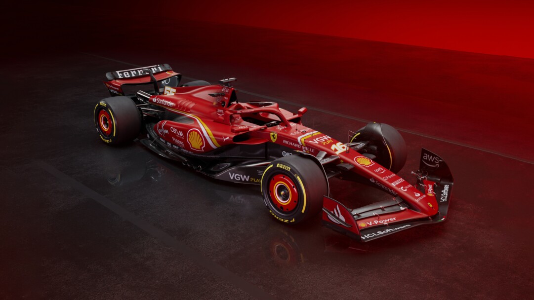 A stunning 4K wallpaper featuring the futuristic Ferrari SF-24 in 2024, a masterpiece of automotive design and engineering. This high-performance sports car is showcased in exquisite detail, highlighting its sleek lines and powerful presence.
