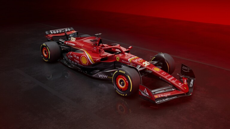 A stunning 4K wallpaper featuring the futuristic Ferrari SF-24 in 2024, a masterpiece of automotive design and engineering. This high-performance sports car is showcased in exquisite detail, highlighting its sleek lines and powerful presence.