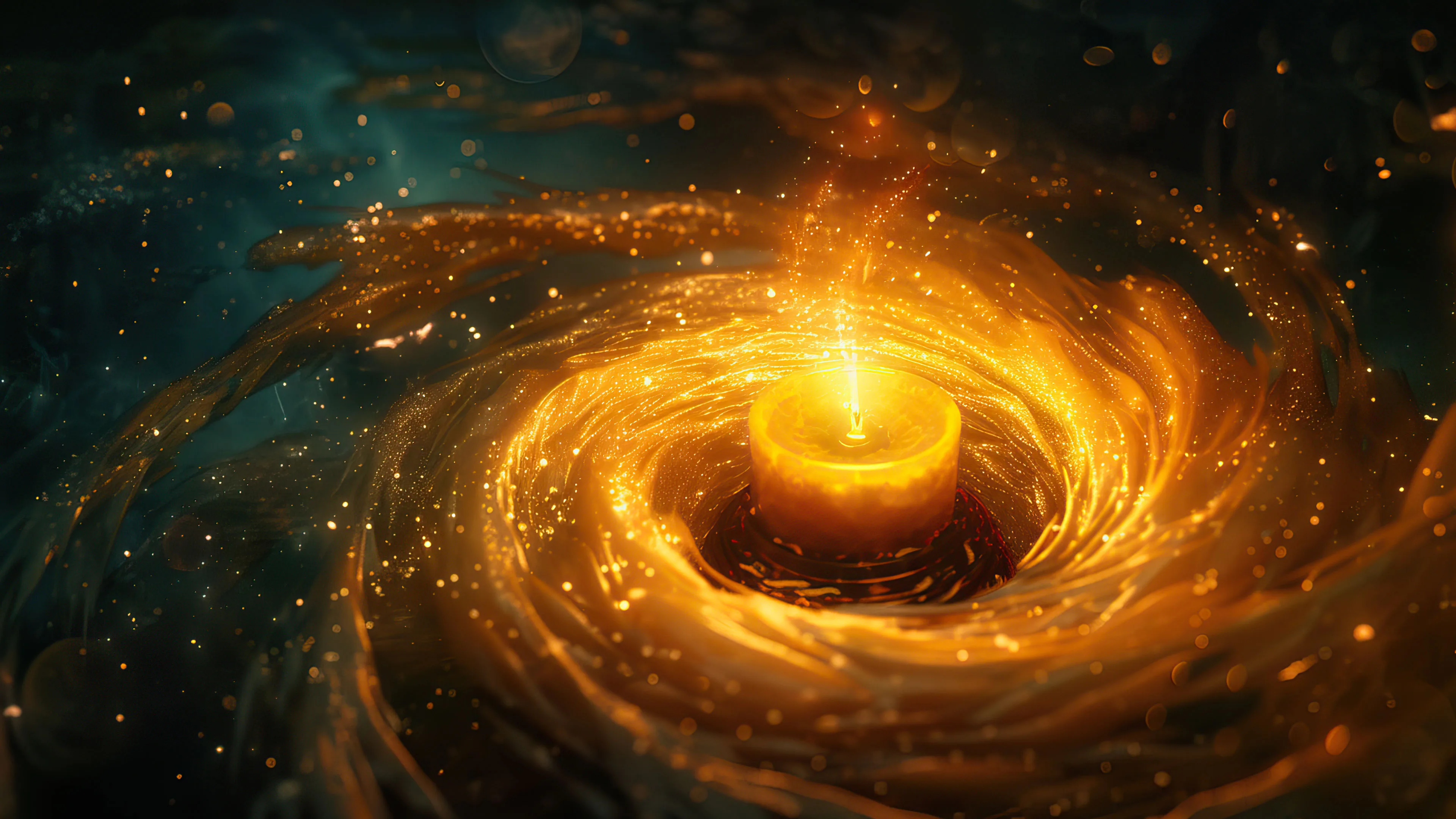 A mesmerizing 4K wallpaper featuring a swirl of golden candlelight radiating warmth and elegance. Ideal for adding a touch of sophistication to your desktop or mobile screen.