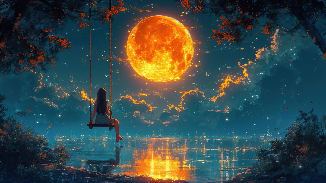 A mesmerizing 4K wallpaper unfolds, revealing a celestial masterpiece of a golden moon reflecting its brilliance on tranquil waters. This AI-generated artwork captures the serenity of a night sky, making it an enchanting choice for your desktop or mobile wallpaper.