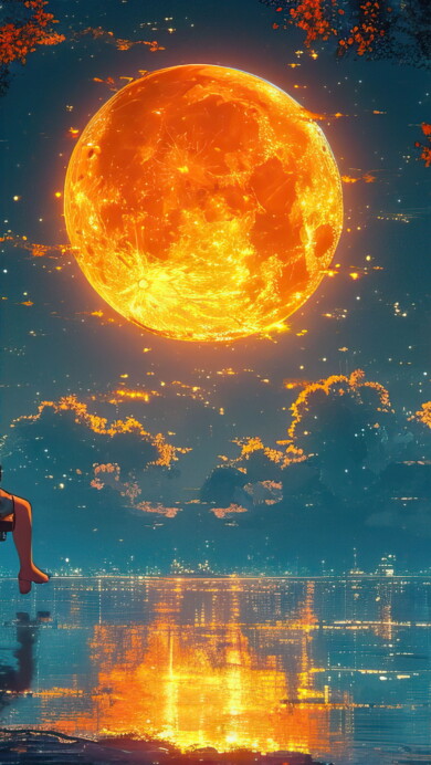 A mesmerizing 4K wallpaper unfolds, revealing a celestial masterpiece of a golden moon reflecting its brilliance on tranquil waters. This AI-generated artwork captures the serenity of a night sky, making it an enchanting choice for your desktop or mobile wallpaper.