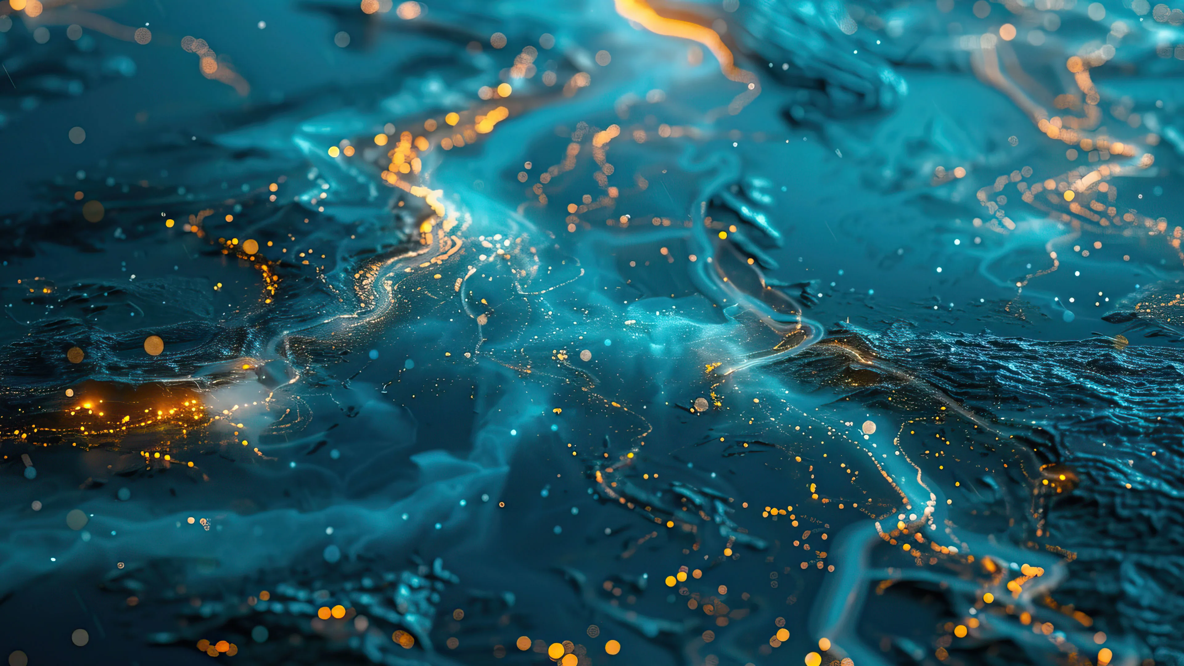 An exquisite 4K PC wallpaper presents a mesmerizing abstract composition featuring golden streams flowing dynamically across the screen. The vibrant hues and fluid lines create a captivating visual experience, making it an ideal choice to enhance your desktop background.