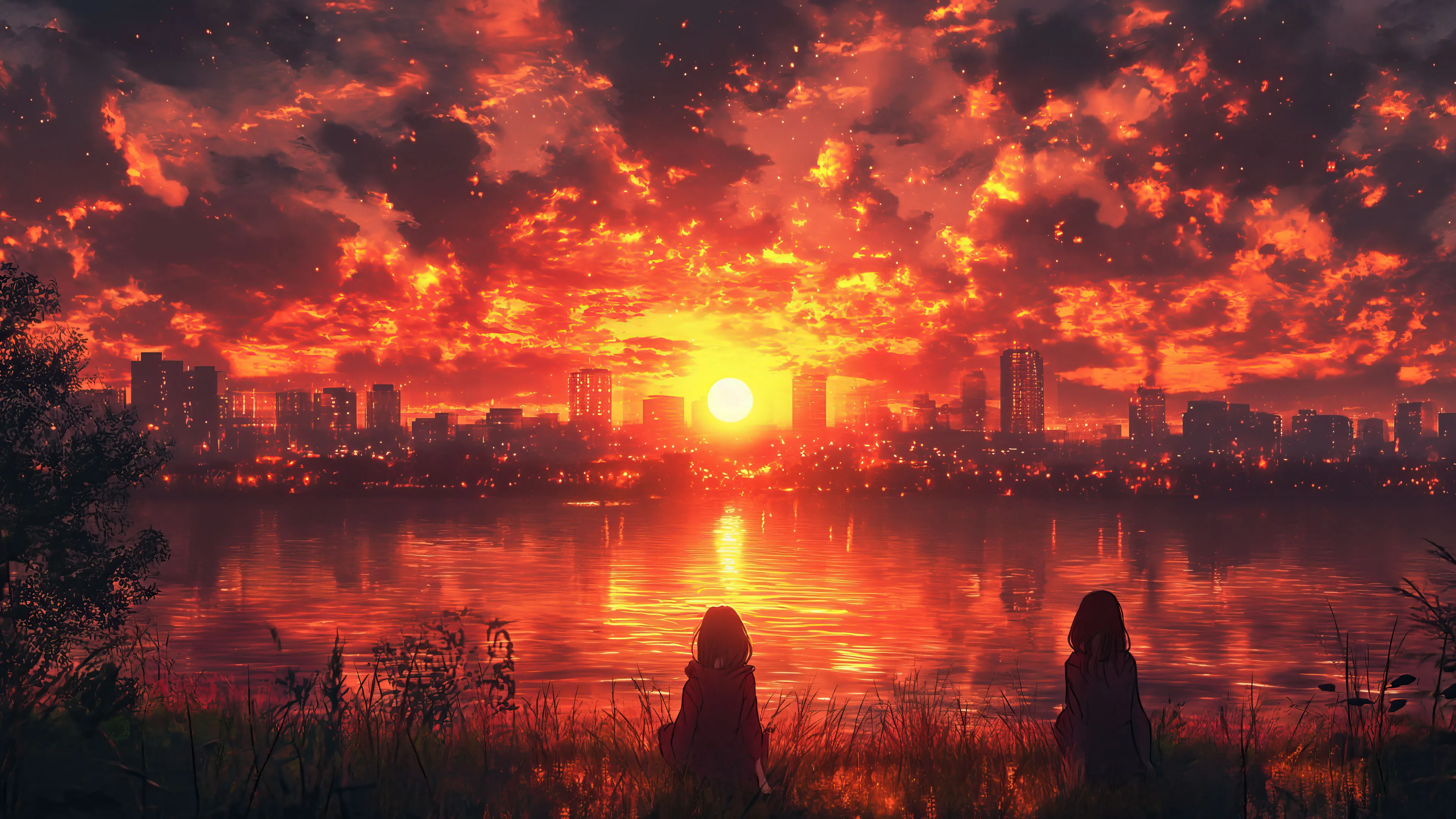 A breathtaking 4K wallpaper capturing the essence of a golden sunset casting its warm glow over a city skyline. This AI-generated masterpiece showcases the urban landscape in silhouette against the radiant sky, creating a mesmerizing and atmospheric scene.