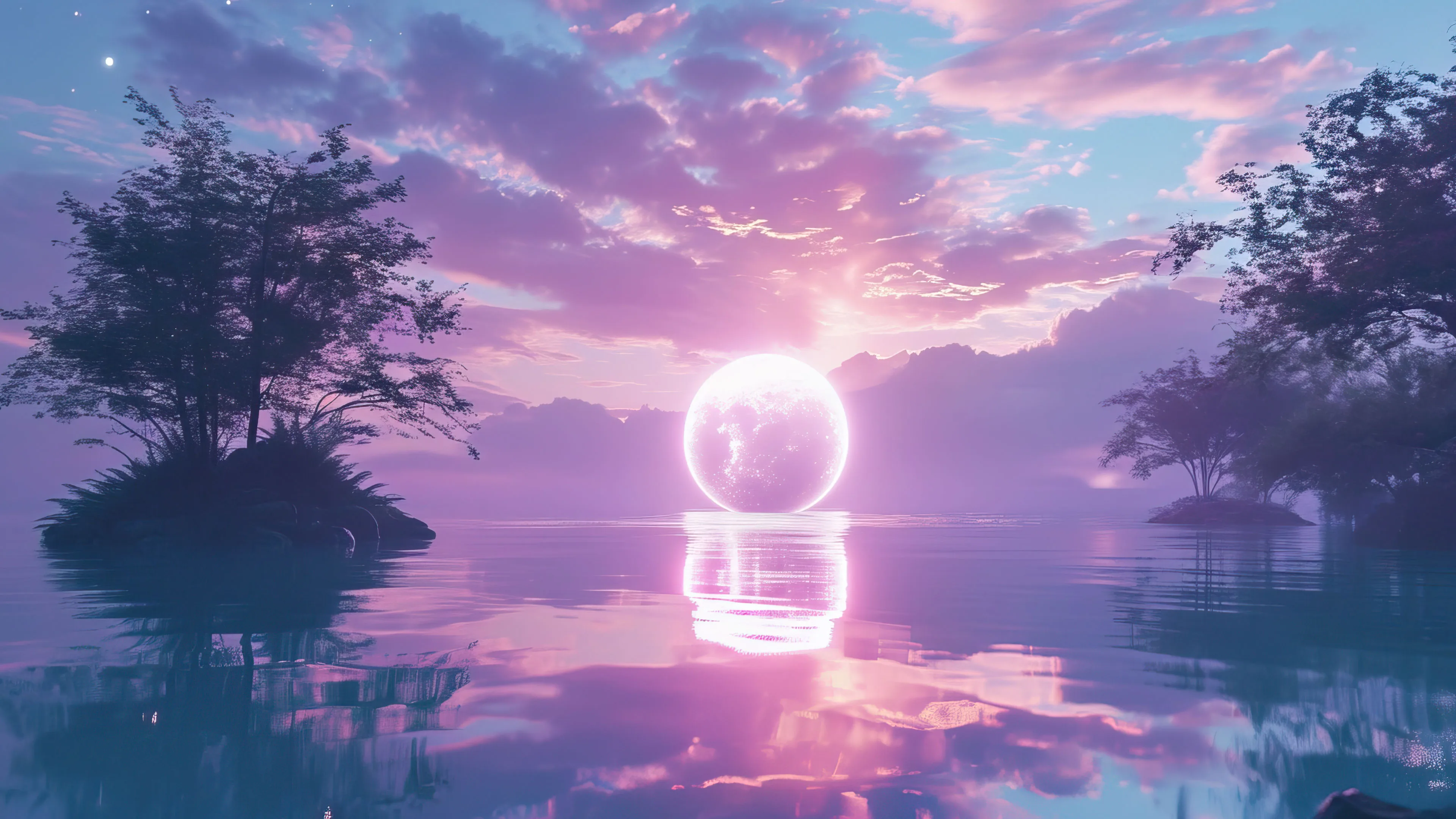 mesmerizing 4K wallpaper presents a mystical sunrise casting its golden hues over a tranquil lake, artfully generated by AI. The ethereal scene captures the serenity of dawn, with the tranquil lake reflecting the radiant colors.