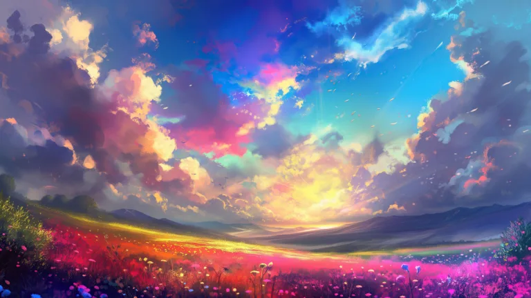 A mesmerizing 4K wallpaper unfolds, featuring a breathtaking scene of rainbow-colored clouds hovering above lush flower fields, all brought to life through AI generation.