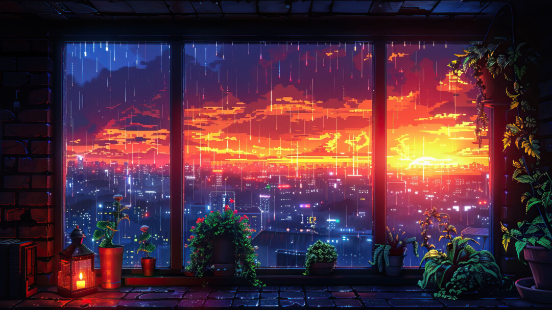 A mesmerizing 4K wallpaper unfolds a rainy sunset cityscape, meticulously generated by AI. The urban landscape glows under the soft hues of the setting sun, with raindrops adding a touch of drama.