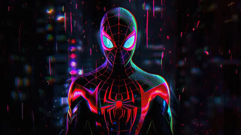 A captivating 4K PC wallpaper showcasing Spider-Man in a vibrant neon glow. The superhero's dynamic pose takes center stage against a bold background, creating a visually striking and high-resolution digital art piece