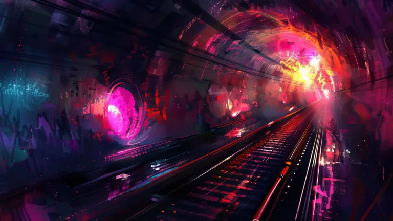 A vibrant 4K wallpaper depicting a mesmerizing painting adorning the walls of a subway tunnel. This urban artwork captures the essence of city life with its colorful and dynamic portrayal. Ideal for adding a touch of urban flair to your desktop or mobile wallpaper collection.