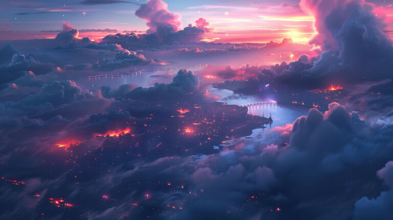 A breathtaking 4K PC wallpaper captures the essence of a cityscape bathed in the warm hues of a sunset, with clouds gently drifting across the sky. Tall buildings silhouette against the vibrant evening sky, creating a mesmerizing urban vista.