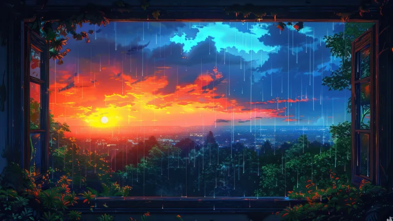 A mesmerizing 4K PC wallpaper capturing the beauty of a serene sunset amidst gentle rain. The warm orange hues of the sky blend with the calming raindrops, creating an atmospheric and tranquil scene.