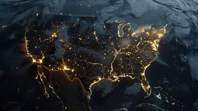 A mesmerizing 4K wallpaper presents an AI-generated satellite view of the USA at night, capturing the vibrant city lights and urban landscape from a celestial perspective. This digital artwork showcases the intricate patterns of cityscapes, offering a futuristic and captivating backdrop for your desktop or mobile device.