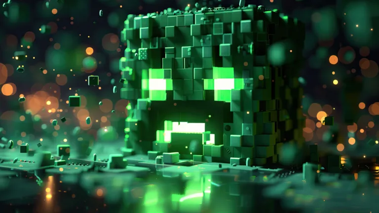 A striking 4K wallpaper featuring the iconic Minecraft Creeper, rendered in vibrant green hues against a pixelated backdrop. This pixel art masterpiece captures the essence of the popular gaming character, making it a perfect choice for enthusiasts to adorn their desktop or mobile screens.