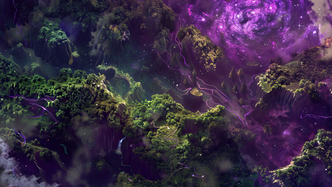 A mesmerizing 4K wallpaper unveils a mystical forest bathed in the ethereal glow of a distant galaxy. Towering trees reach toward the star-studded heavens, creating a captivating blend of nature and cosmic wonder.