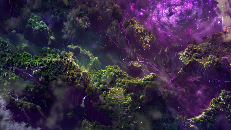 A mesmerizing 4K wallpaper unveils a mystical forest bathed in the ethereal glow of a distant galaxy. Towering trees reach toward the star-studded heavens, creating a captivating blend of nature and cosmic wonder.
