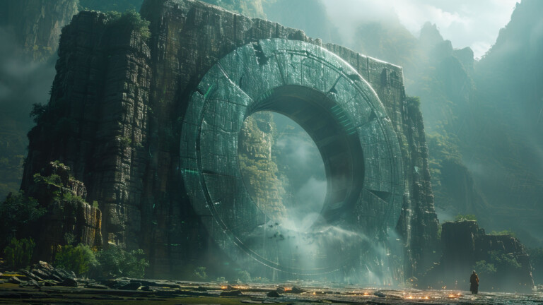 A captivating 4K wallpaper reveals a mystical forest gateway, shrouded in enchantment and bathed in ethereal light. Towering trees flank the pathway, leading the viewer into a realm of magic and wonder.